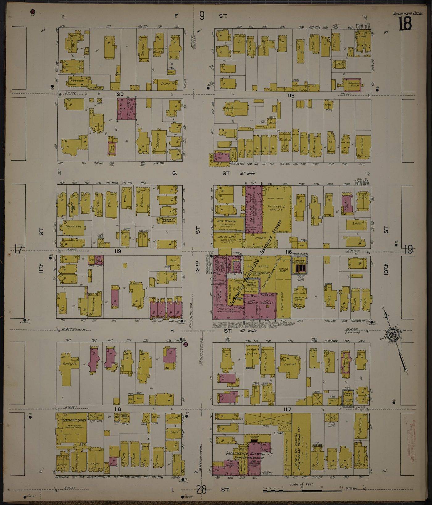 Sanborn detail sheet 18: six blocks between 11th and 13th and F and I streets, with buildings drawn in yellow (frame) and red (brick).